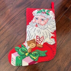 Vintage Needlepoint Christmas Stocking Santa Wool Handmade 14" Decor Holiday